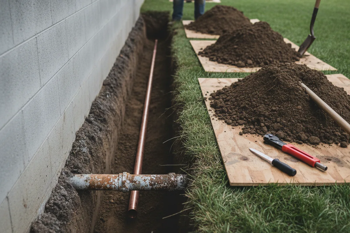 Excavated water line trench during Water Heater Repair in Mahwah